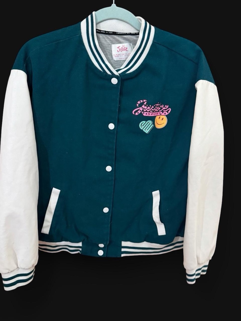 Justice Teal and White Varsity-Style Jacket with Patches